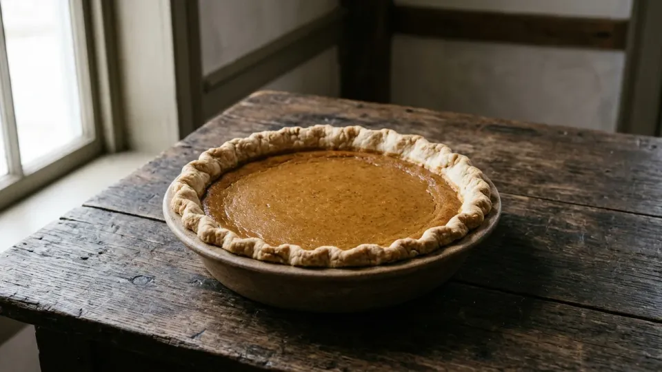 Imagen recreada con IA del pastel de calabaza estadounidense de 1796 (Pompkin No. 2): tarta redonda abierta sin enrejado ni nata en plato rústico de barro