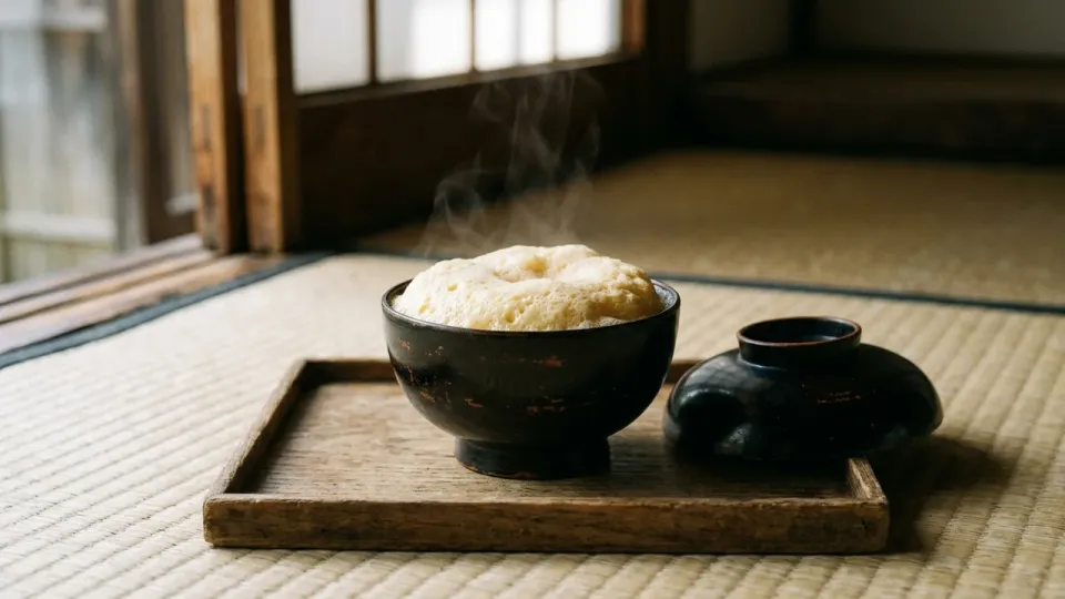 素朴な漆塗りの椀に盛られ、ふんわりと蒸し上がった卵の泡立ちが優しい江戸時代のたまごふわふわを、無地の角盆に載せた再現イメージ（AI生成）