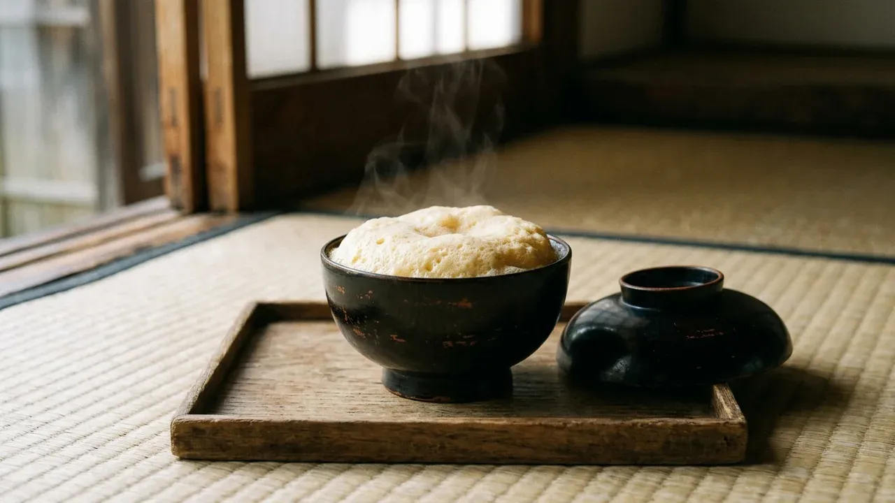 素朴な漆塗りの椀に盛られ、ふんわりと蒸し上がった卵の泡立ちが優しい江戸時代のたまごふわふわを、無地の角盆に載せた再現イメージ(AI生成)