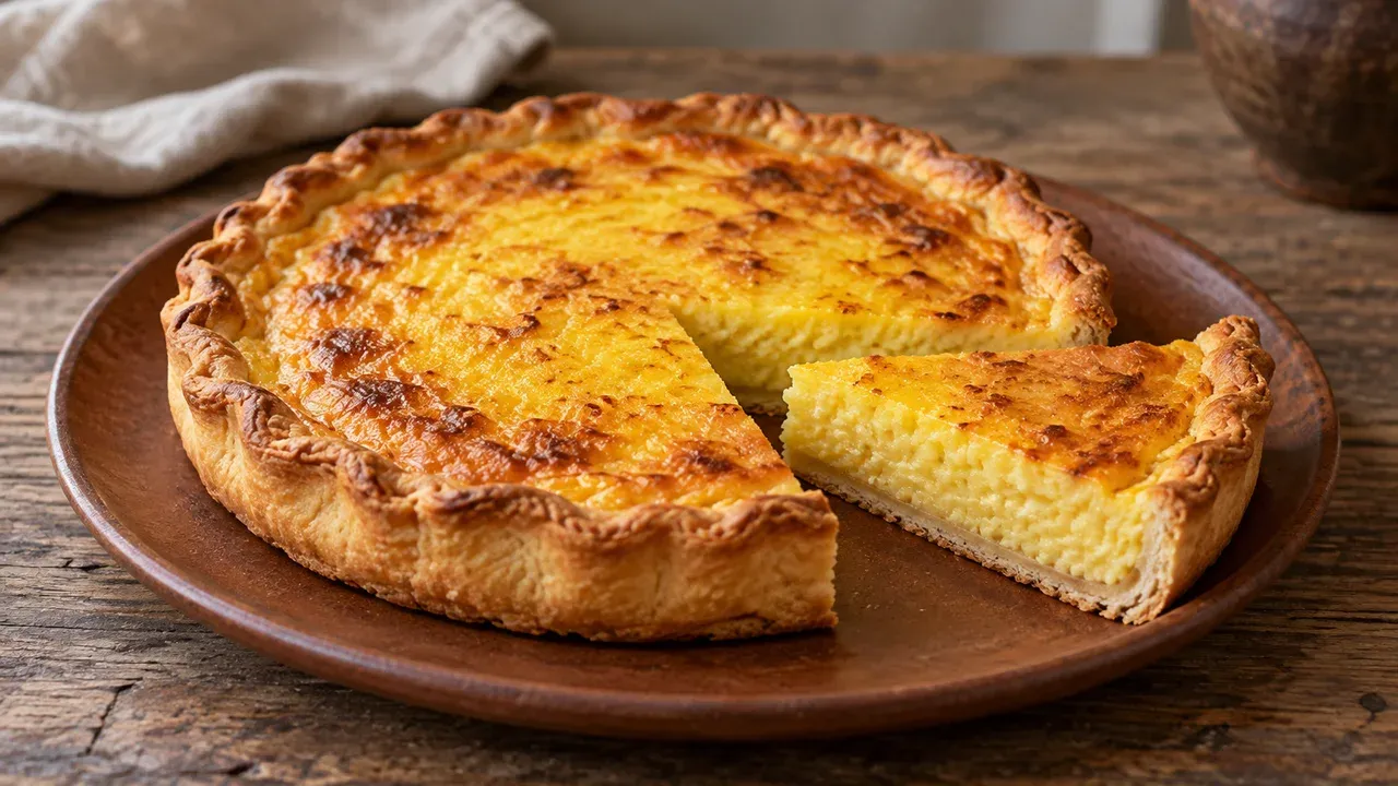 Recreación moderna generada por IA: tarta dorada de queso con una porción cortada sobre un plato sencillo
