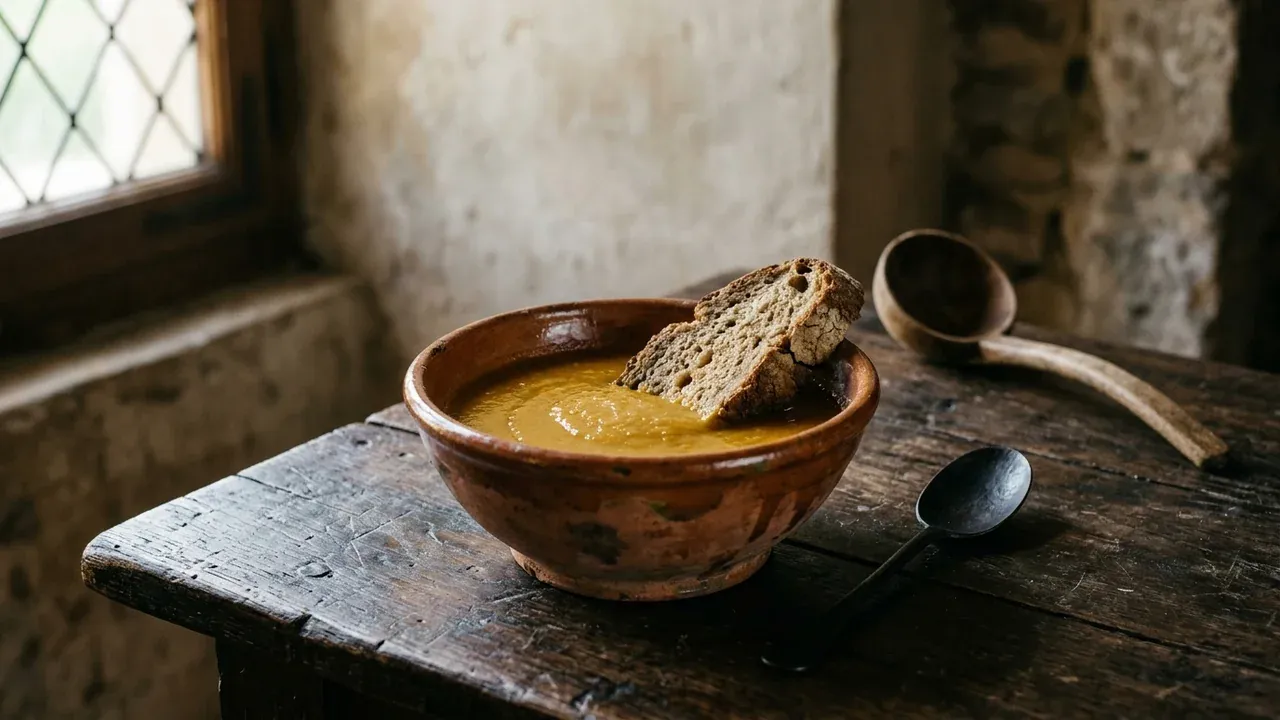 Imagen recreada con IA del potaje de calabaza francés de 1651 según François Pierre de La Varenne: un cuenco rústico de barro con sopa dorada de calabaza y rebanadas de pan de campo que absorben el caldo