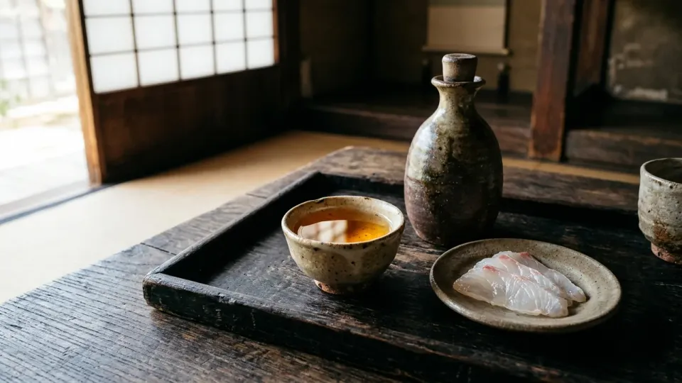 Recreación moderna de irizake generada con IA: líquido ámbar en un cuenco cerámico; la botella y el sashimi de pescado blanco ilustran el servicio, no son ingredientes de la receta.
