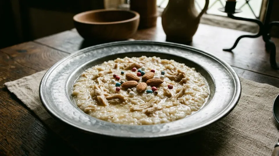 Recreación moderna de Blancmanger medieval generada con IA: potaje espeso de pollo, arroz y leche de almendras con almendras en plato de peltre; aspecto y entorno son conjeturales.