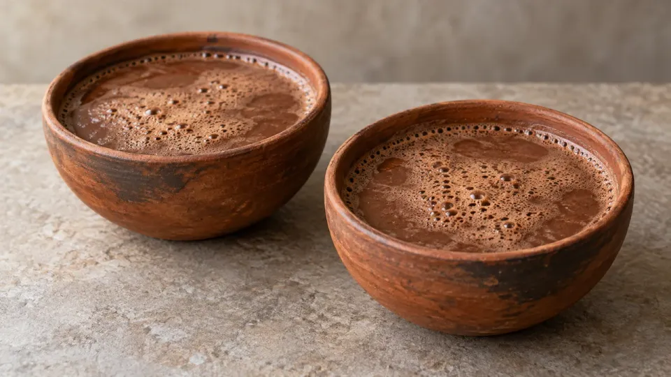 Recreación moderna generada por IA: bebida de cacao marrón con espuma en dos cuencos sencillos