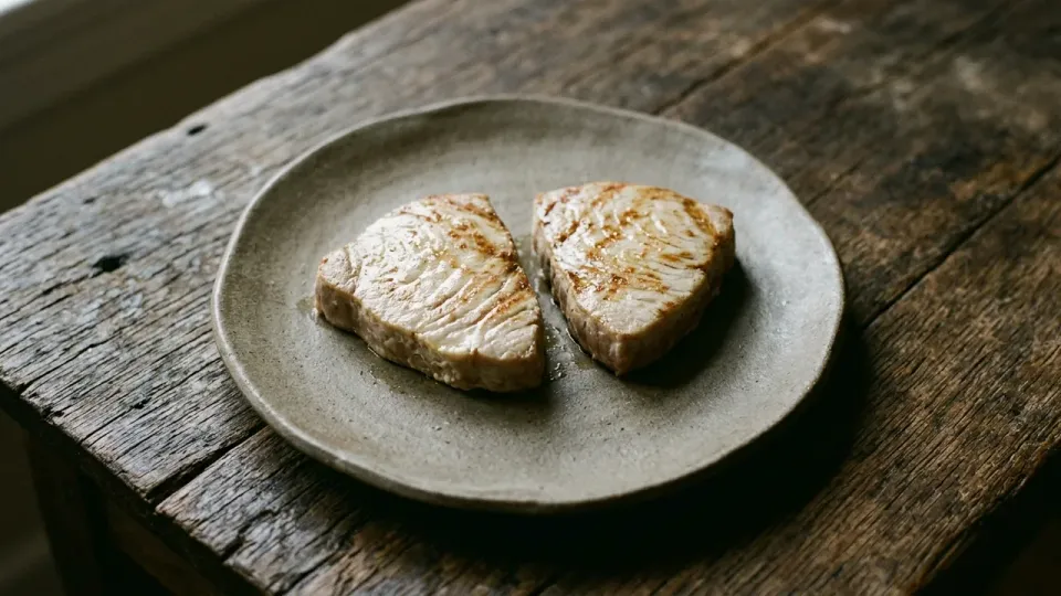 AI-generated recreation image of ancient Greek grilled tuna after Archestratus: two naturally seared tuna steaks served on a rustic ceramic plate on a wooden table
