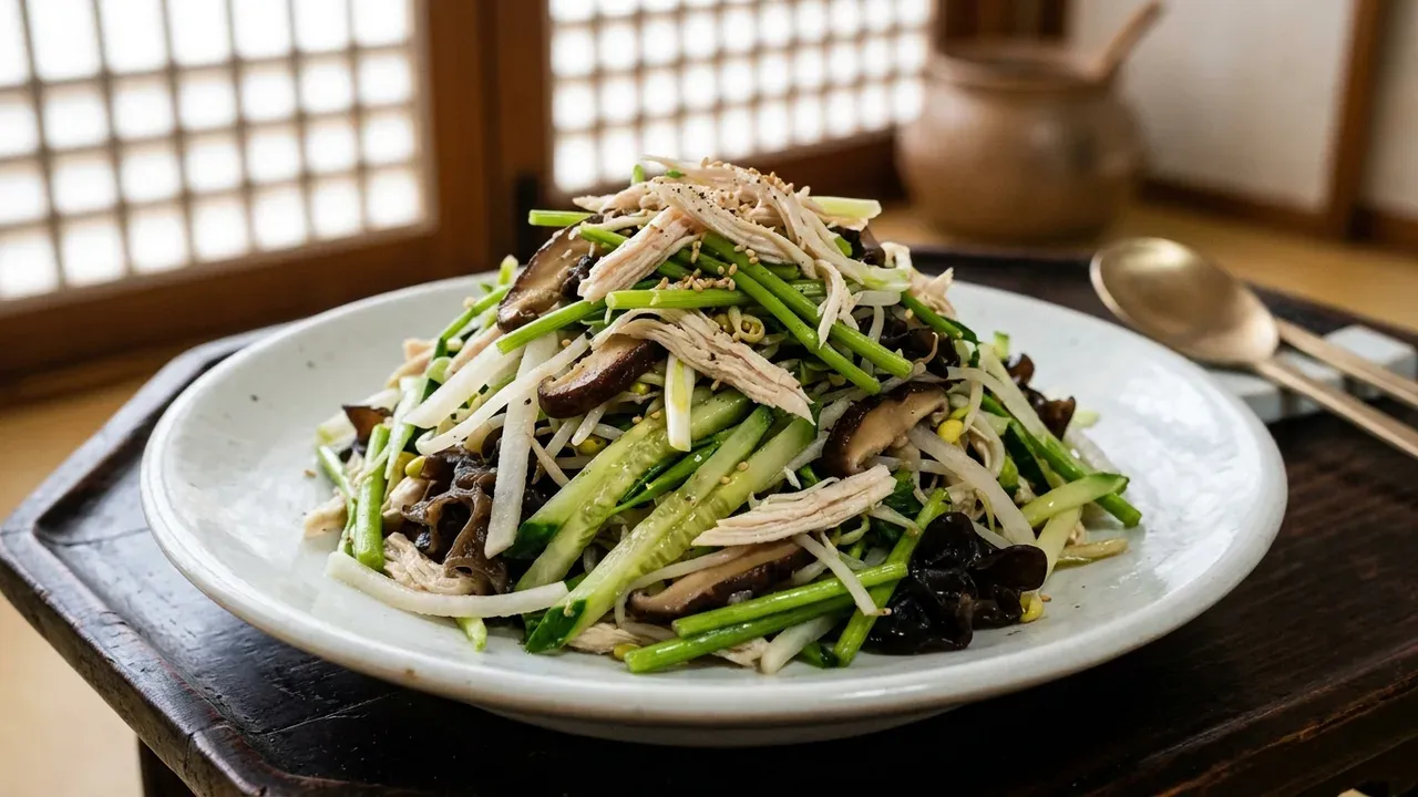 Imagen recreada con IA del Japchae coreano del siglo XVII: plato de porcelana blanca con pepino, rábano, shiitake, oreja de judas, minari y pollo deshilachado salteados en aceite de sésamo con salsa tibia de soja