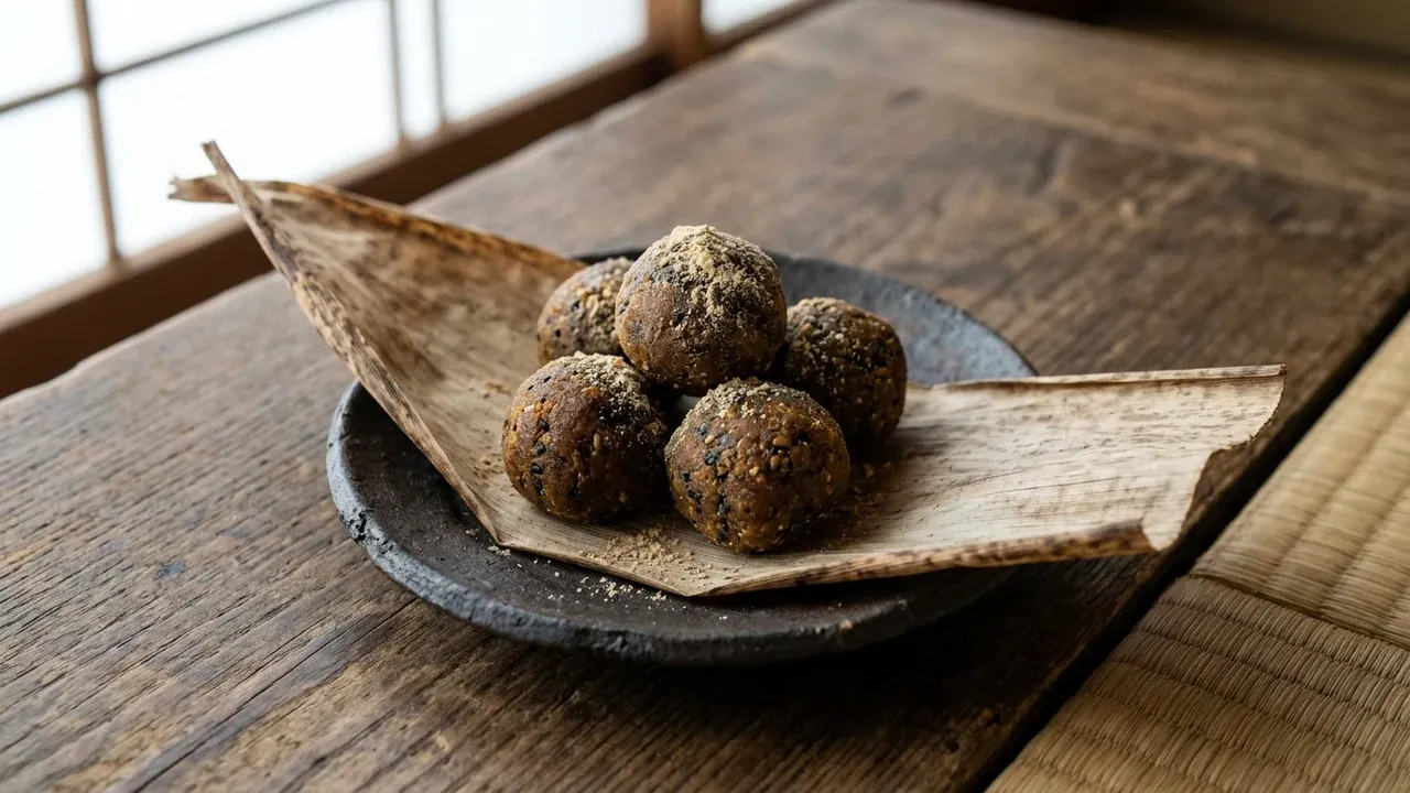 Recreación moderna con IA de bolitas marrones con sésamo sobre bambú y un plato; no prueba una fórmula medicinal ni un objeto Edo real. Fondo ilustrativo.