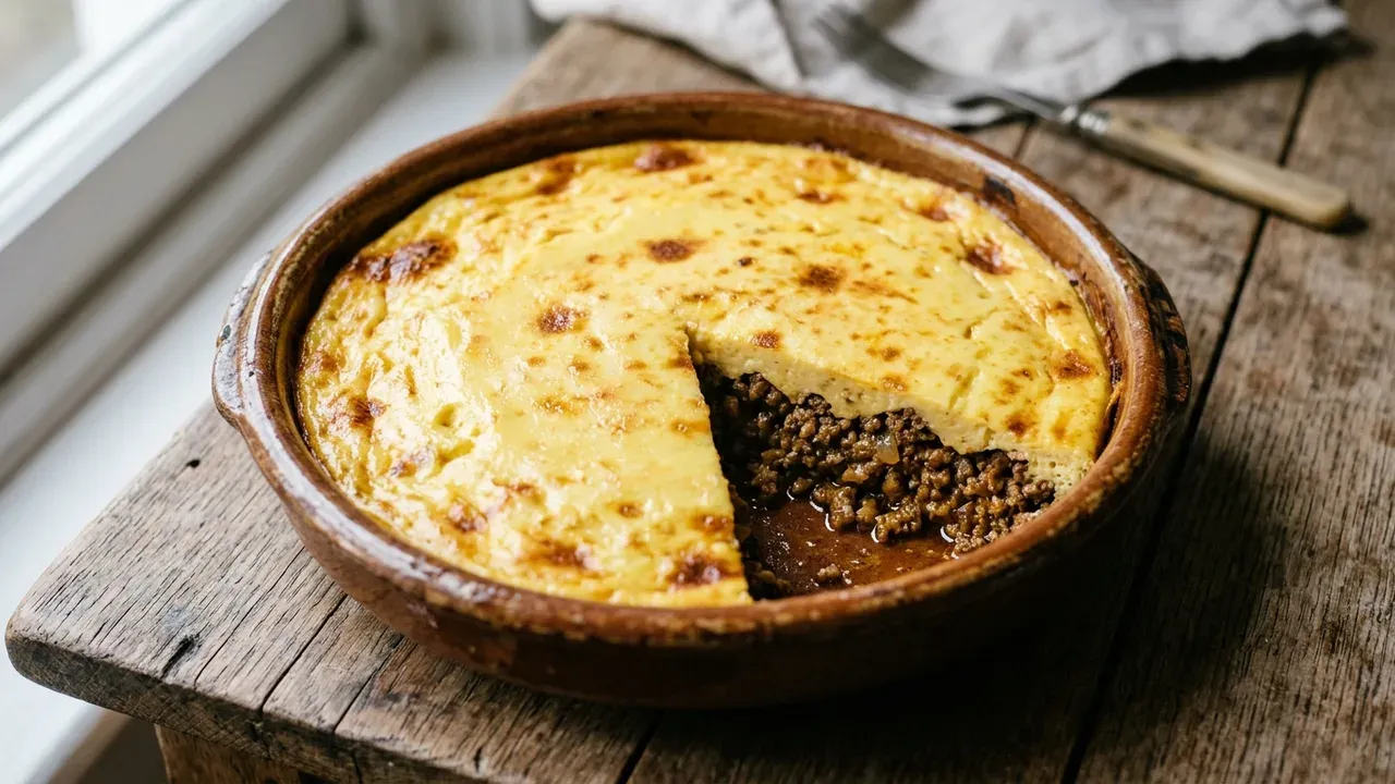 Imagen recreada con IA del bobotee de El Cabo de 1891 según Hildagonda Duckitt: una fuente rústica de cerámica con crema dorada de huevo y leche horneada, con un corte que muestra la capa de carne picada cocida