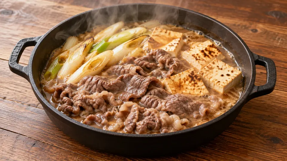 火が通った牛肉、長ネギ、焼き豆腐を味噌色の煮汁で煮た牛鍋の、AI生成による現代家庭向け再現イメージ。