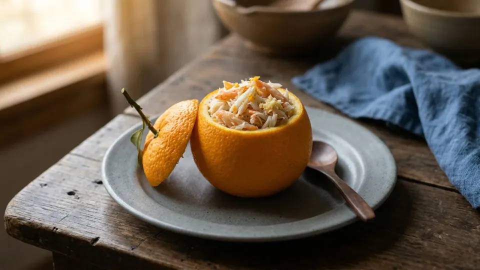 Imagen recreada con IA del plato Xie Niang Cheng de la dinastía Song del Sur: una naranja ahuecada rellena de carne de cangrejo al vapor, con su tapa cortada y una cuchara de madera en un plato de cerámica rústica