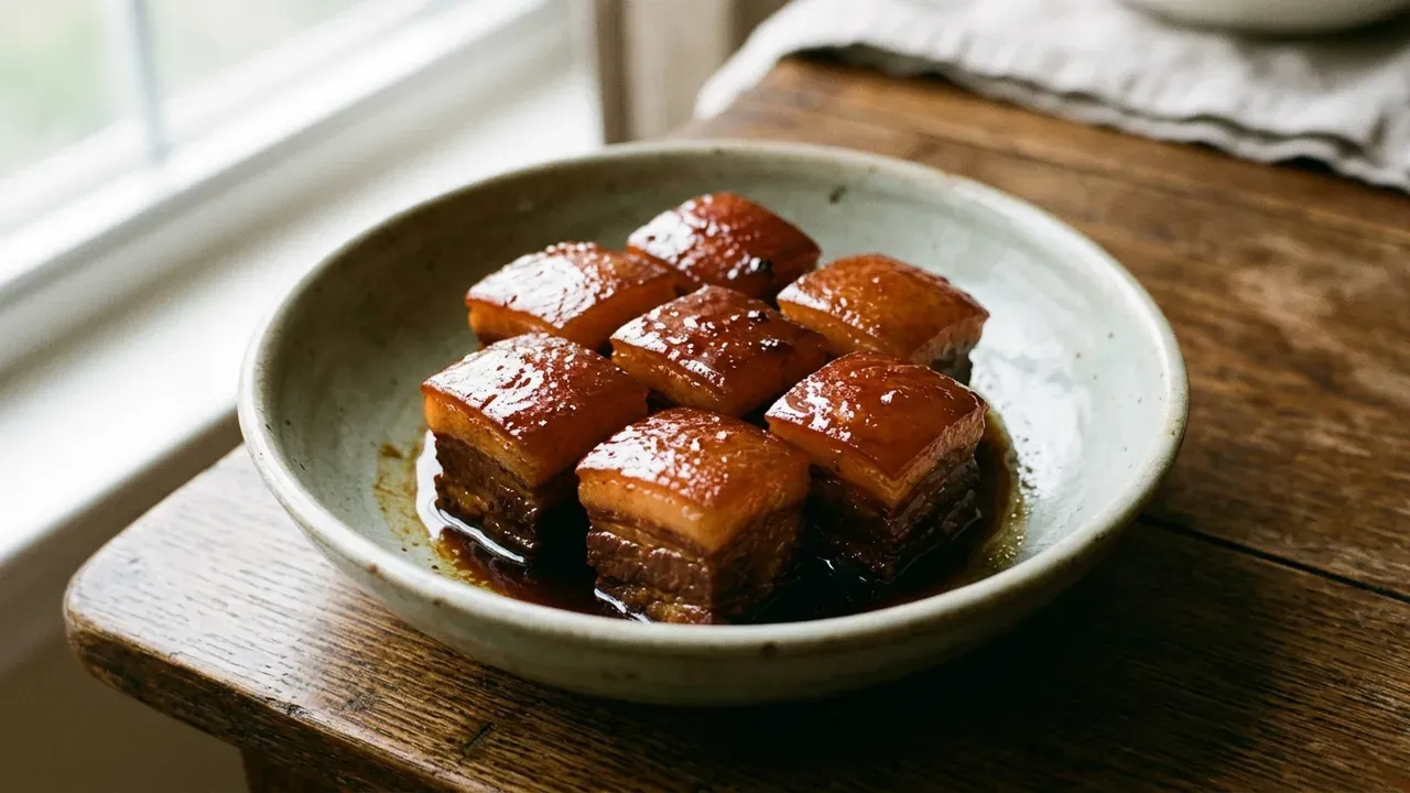 AI-generated recreation image of Hongwei Rou: square-cut pork belly cubes braised in Shaoxing rice wine and soy sauce to a glossy reddish-amber glaze in a simple stoneware bowl