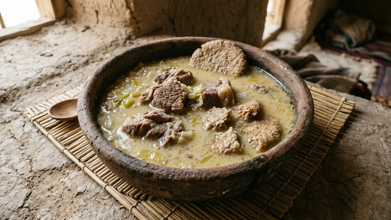 AI-generated recreation image of Babylonian lamb stew: braised lamb pieces, rustic barley cakes (risnātu), and alliums in a milky broth served in a coarse terracotta earthenware bowl on a woven reed mat