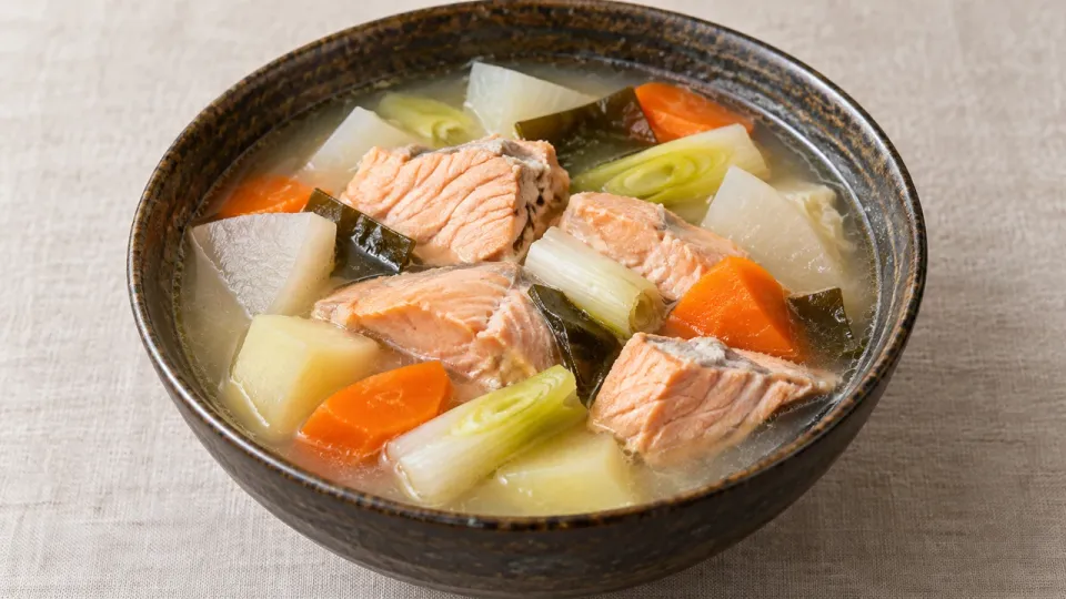 AI-generated modern home-recreation image of salmon ohaw with daikon, carrot, potato, kombu and Japanese long onion.